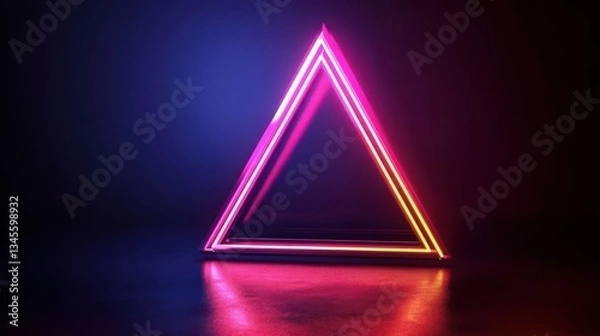 Fototapeta Neon triangle glowing in a dark environment, creating a vibrant atmosphere with reflections