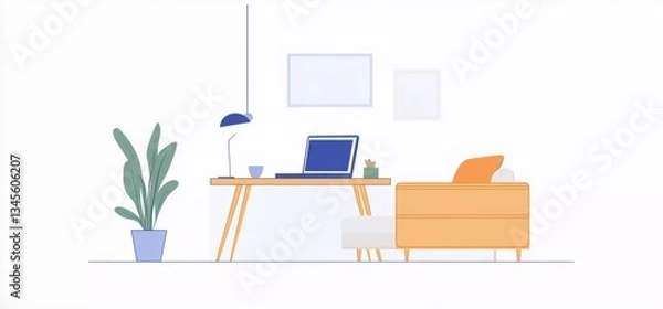 Fototapeta A simple vector illustration of a cozy home office interior, set against a white background. The design is flat, with simple shapes and a pastel color palette. The illustration features clean lines an