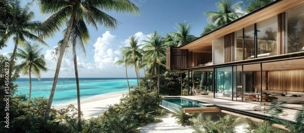Fototapeta Luxurious Tropical Beachside Home with Unique Architectural Design, Palm Trees, White Sandy Beach, Turquoise Waters. Relaxing, Luxurious, Nature Connection. Perfect for Travel, Lifestyle, Real Estate.