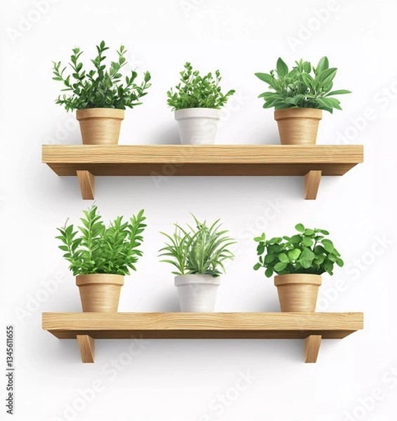 Obraz 3D vector realistic, wooden shelf with plants hanging on a white background 