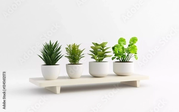 Obraz 
White shelf with plants on a white background, 3D rendering illustration of a modern home interior design of a minimalist living room mockup for product presentation. Stock photo with 2/3 space for t