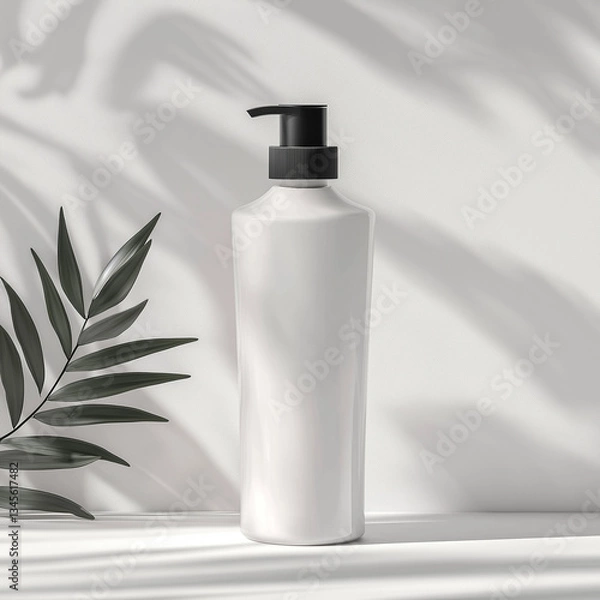 Fototapeta Elegant White Pump Bottle Mockup with Black Cap Displayed on a Clean Surface, Surrounded by Leaf Shadows and Soft Lighting for Skincare, Haircare, or Beauty Product Branding Presentations
