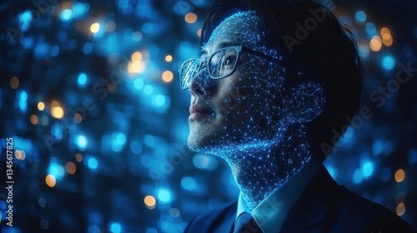Fototapeta thinking technology and network system businessperson in blue suit blue network structure
