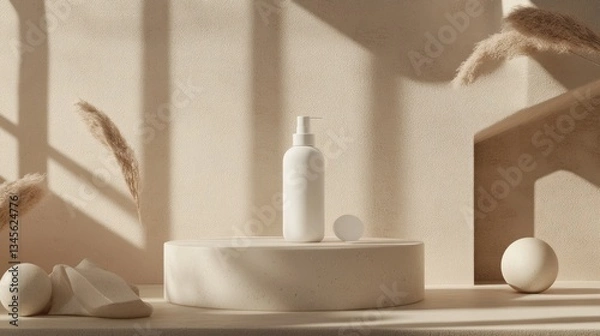 Fototapeta Minimalist cosmetic display,  cream bottle,  beige,  sunlight,  product mockup,  3d render,  packaging,  elegant
