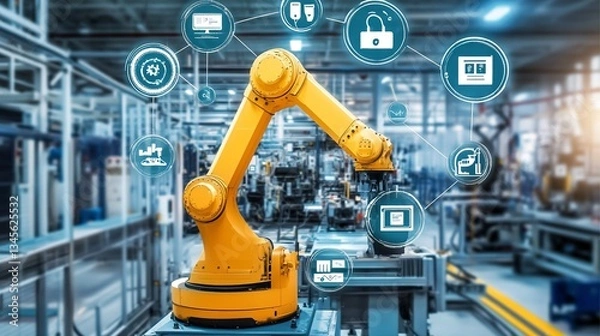Fototapeta A Powerful Yellow Robotic Arm Orchestrates A Futuristic Factory Floor, Showcasing Advanced Automation And Seamless Integration With Digital Technology In A Dynamic Industrial Setting