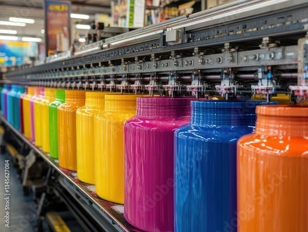 Fototapeta Colorful ink jars on factory production line