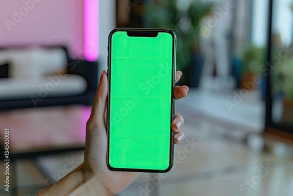Obraz Sharp Picture of Woman Holding Mobile Phone with Green Screen in Hand