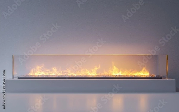 Obraz Modern fireplace design with long glass enclosure and smooth stones for a stylish and warm living space