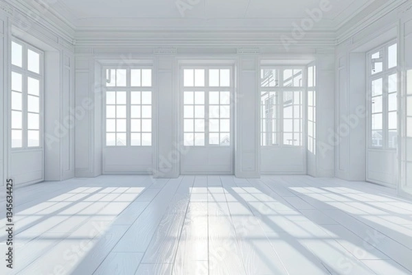 Obraz Ultra Hd Picture of White Empty Room Interior with Two Large Windows 3D Illustration