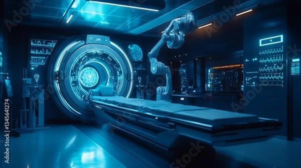 Fototapeta A futuristic AI-powered MRI scan room, holographic medical data floating in the air, a robotic arm assisting in scanning, deep blue neon lighting, ultra-modern hospital setting,