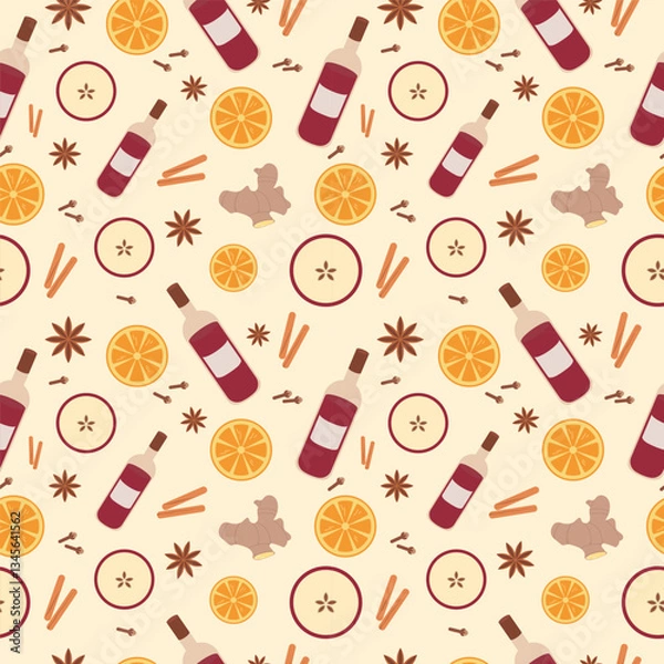 Fototapeta Seamless Pattern Mulled wine, red wine, spices, cinnamon, anise, orange, apple, ginger. Vector flat illustration