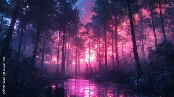 Fototapeta A futuristic forest illuminated by neon at night.