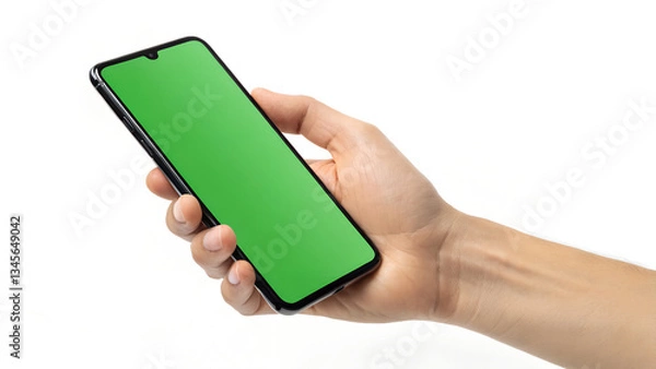 Obraz Hand Holding Smartphone with Green Screen Isolated on White Background