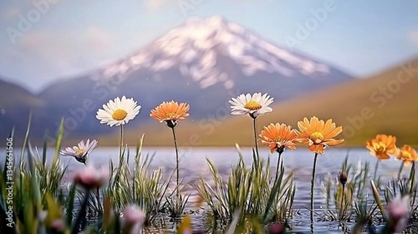 Obraz Flowers by a lake, mountain backdrop
