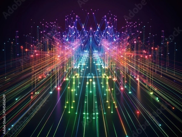 Fototapeta A futuristic symmetrical design with glowing optical fibers arranged in a geometric pattern radiating vibrant rainbow hues.