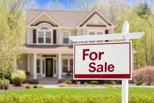 Fototapeta  "For Sale" sign standing in front of a charming house, waiting for new buyers with copy space. Soft golden light. Cozy neighborhood background. 