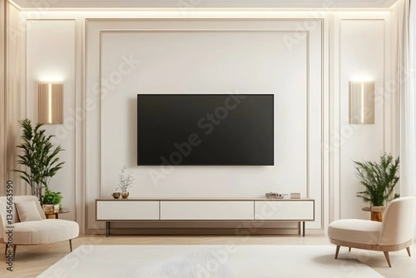 Fototapeta White TV Screen in Bright Luxury Interior Mock-Up for Modern Spaces
