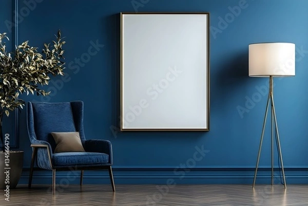 Fototapeta Rectangular Frame on a Blue Accent Wall with a Stylish Setting