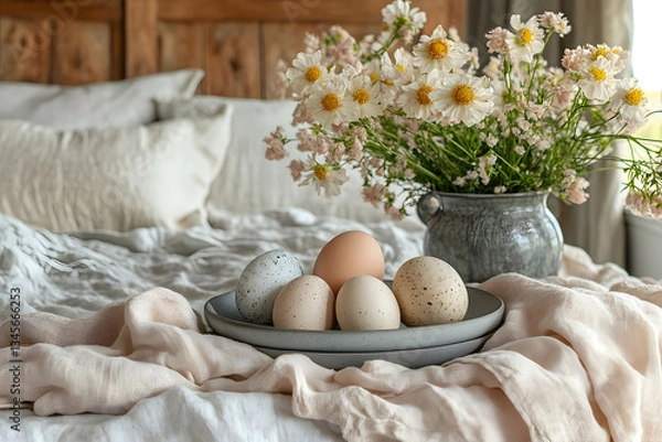 Fototapeta A serene bedroom scene featuring a plate of various eggs on a bed with soft linens, complemented by a vase of daisies