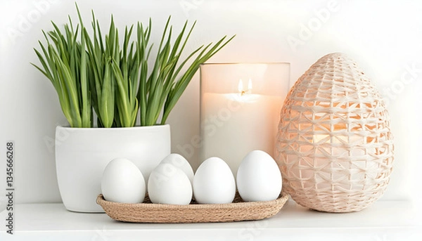 Fototapeta A serene arrangement of white eggs in a woven tray beside a lit candle and decorative plant