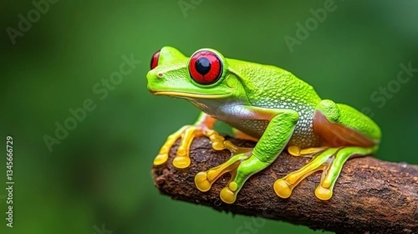 Fototapeta A vibrant green frog with red eyes perched on a brown branch