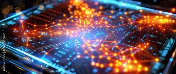 Fototapeta Holographic graph database query illuminates traversal paths with particle glow and sci-fi interface grain.