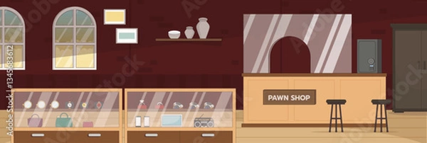 Fototapeta Cute and nice design of Pawnshop with furniture and interior objects vector design