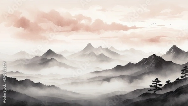 Fototapeta Watercolor-style painting of mountain ranges with mist covering the lower portions
