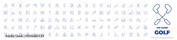 Obraz 100 Golf Icons Collection. Thin line icon. Editable stroke. hole, flag, golfer, player, iron, bunker, water, golf, golf ball, golf course, golf field, golf hole