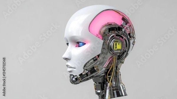 Fototapeta Advanced robotic head, glowing pink brain, futuristic design