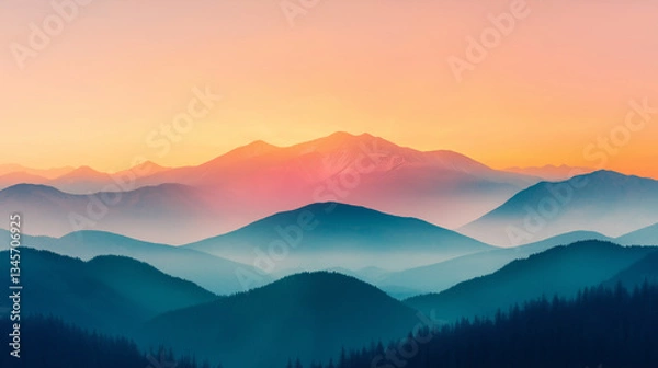 Fototapeta Mountain Sunrise: A breathtaking view of majestic mountain ranges fading into the horizon at sunrise, showcasing layers of blue and green, bathed in the warm hues of orange and pink.
