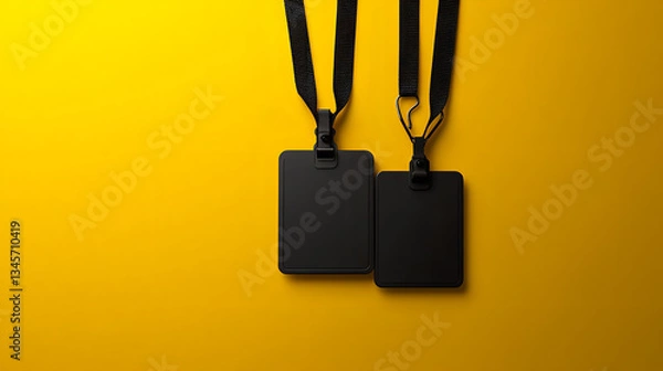 Obraz Two Black ID Badges with Lanyards Hanging on Vibrant Yellow Background - Minimalist Name Tags 
