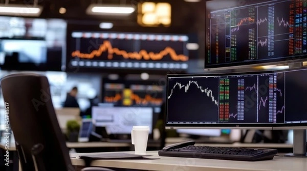 Fototapeta Futuristic trading floor featuring large LED screens displaying dynamic market data and advanced technology.