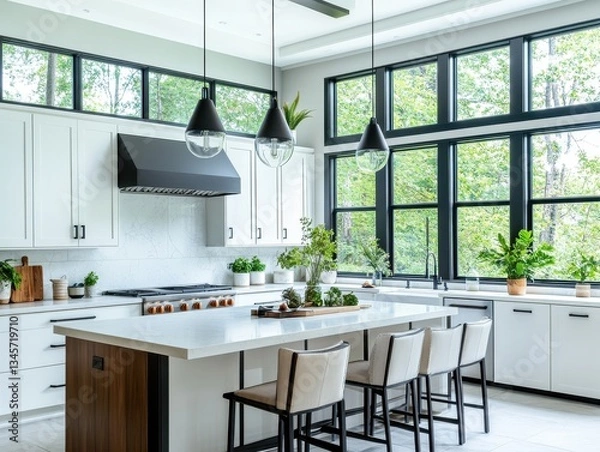 Fototapeta Bright Modern Kitchen with White Cabinets and Large Windows