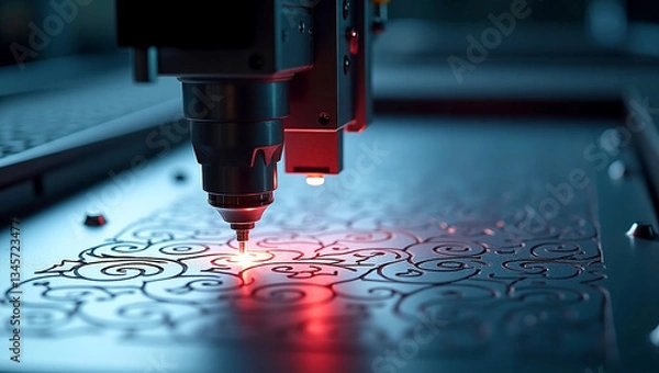 Fototapeta Close-up of CNC laser cutting machine precisely engraving an intricate design on a stainless steel sheet, with bright sparks flying and a sharp contrast between the molten cut area