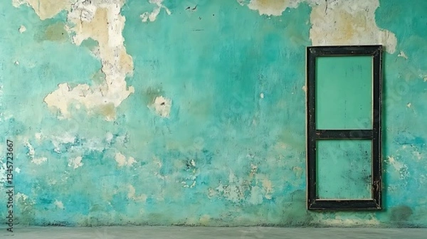 Fototapeta Teal Wall with Weathered Frame: A Street Scene Capture AI Generated