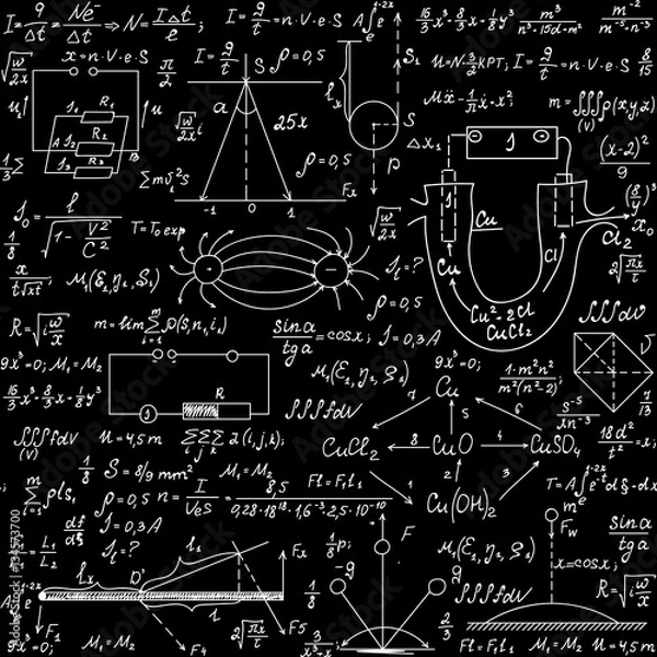 Fototapeta Physical scientific vector seamless pattern with handwritten formulas, plots, schemes, calculations and equations, "chalk on blackboard" effect. You can use any color of background