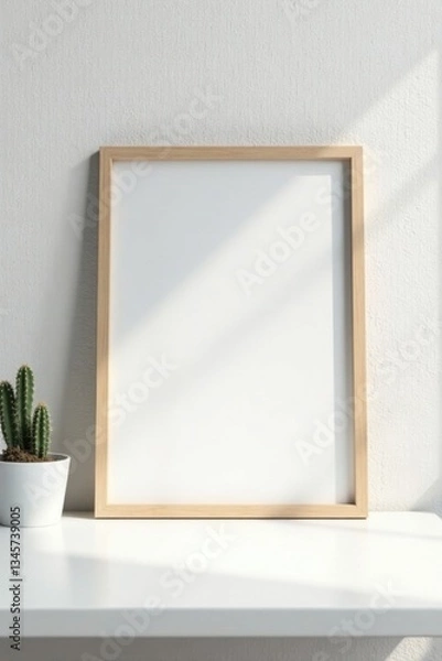 Fototapeta White desk, empty frame mockup, small cactus, bright background, desk, frame