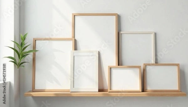 Fototapeta Wooden rack with various sized empty frames against white wall , rustic, wall, rack