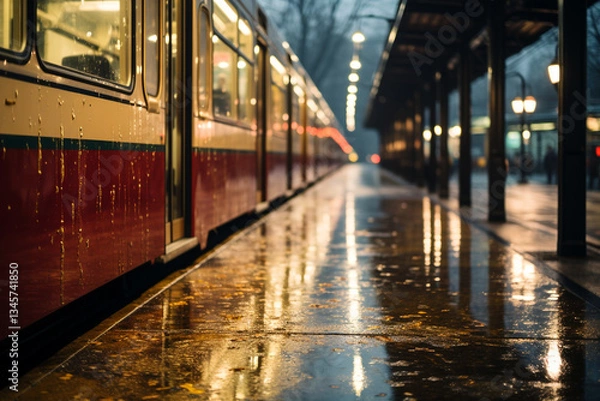 Obraz In ethereal realm of a rain soaked day, train station singular essence, where harmonious convergence of humanity, architectural grandeur, and atmospheric whimsy coalesce into a transcendent tableau of