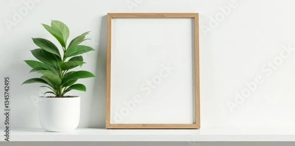 Fototapeta Elegant picture frame, green plant on white shelf, shelf, clean