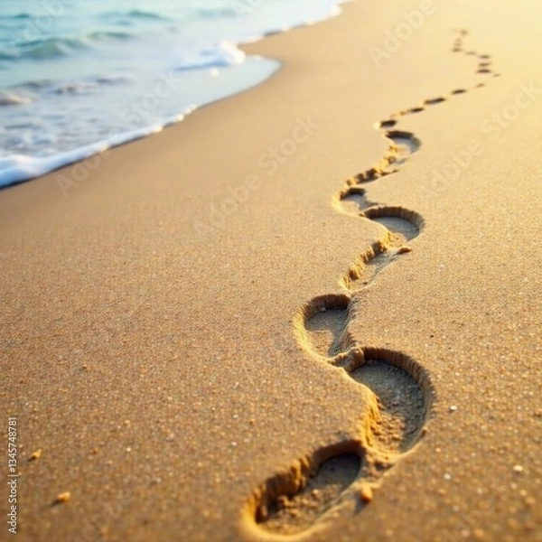 Fototapeta Two sets of small footprints, merging and diverging on a pristine beach , beach, shore