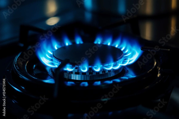 Obraz Blue flame from a gas stove on a white kitchen counter