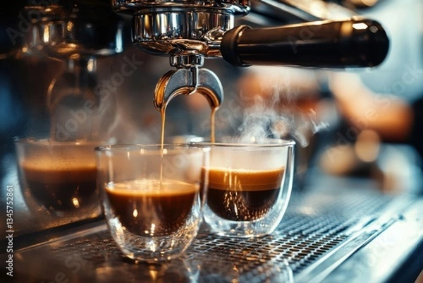 Fototapeta professional brewing - coffee bar details. Espresso coffee pouring from espresso machine. Barista details in cafe.
