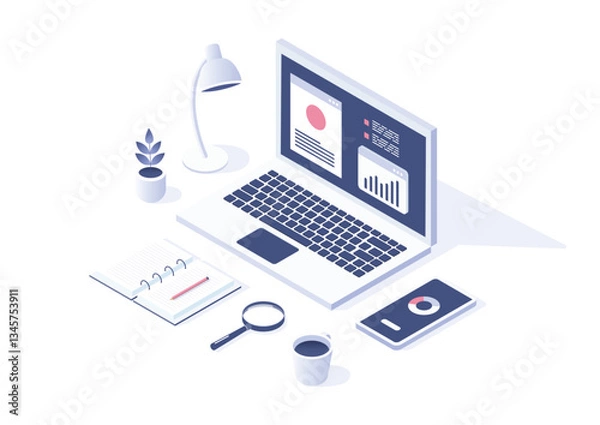 Fototapeta Isometric workspace with laptop and digital analytics.