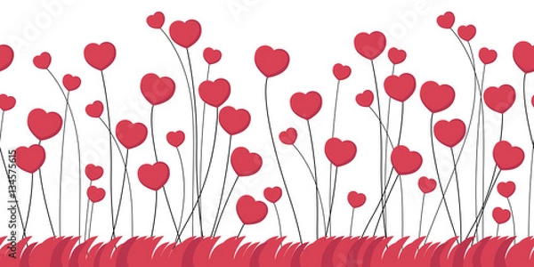 Obraz heart tree on red grass, seamless border, vector