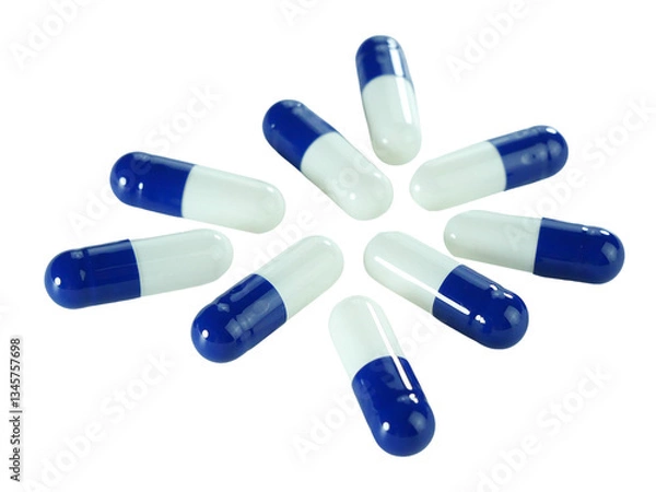 Obraz Bulk blue and white capsule pills isolated on white background.