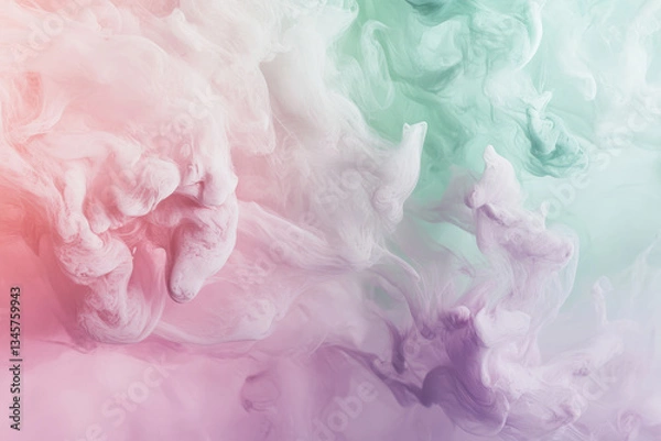 Fototapeta A soft, dreamy colorful abstract background featuring pastel gradients and subtle light leaks. Gentle transitions between pink, lavender, and mint green create a soothing, ethereal effect. Wispy