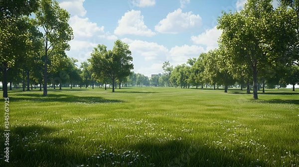 Obraz Lush Green Field with Numerous Trees Under a Bright Blue Sky During Summer