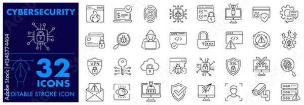 Fototapeta Cyber security icon. Data protection, Fingerprint, Secured network, Data Protection, Hacker, Password, Firewall, Spam, Antivirus, Virus Threat, Safe Payment, Technology concept. Editable Stroke Icon